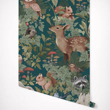 Load image into Gallery viewer, Transform your child&#39;s bedroom into a magical woodland wonderland with our whimsical forest friends wallpaper. Made from eco-friendly, fiber wood material, this wallpaper is not only mold, fire, and moisture-proof but also sound-absorbing for a peaceful and serene atmosphere. Plus, it&#39;s completely formaldehyde-free for a safer environment for your little ones. Make their room a nature-inspired oasis with our multiple size options.
