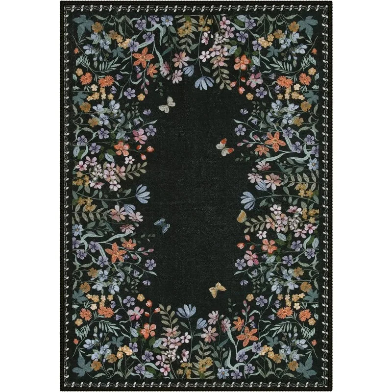 Add a touch of whimsy to your child's bedroom or playroom with this black flowers and butterflies rug. Soft and cozy underfoot, it’s gentle on skin, eco-friendly, and great at soaking up moisture. The wear-resistant surface and non-slip backing keep it safe and sturdy, while protecting your floors from scratches.