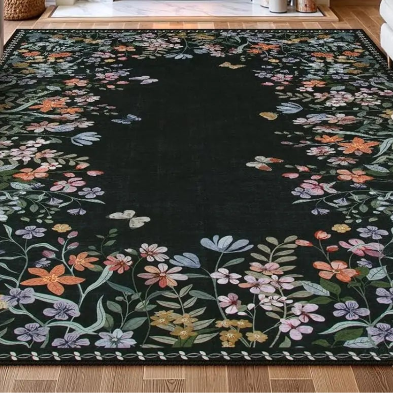 Add a touch of whimsy to your child's bedroom or playroom with this black flowers and butterflies rug. Soft and cozy underfoot, it’s gentle on skin, eco-friendly, and great at soaking up moisture. The wear-resistant surface and non-slip backing keep it safe and sturdy, while protecting your floors from scratches.