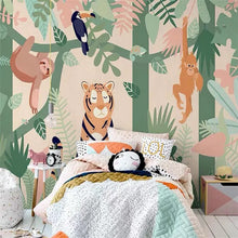 Load image into Gallery viewer, Transform your teen&#39;s bedroom into a unique and inspiring space with this cool jungle mural. Crafted with extra-thick paint that won&#39;t suffer damage from static, water, mold, or fire, the natural, formaldehyde-free design is safe and environmentally friendly. Install in a few easy steps with wallpaper glue-paste (not included).

