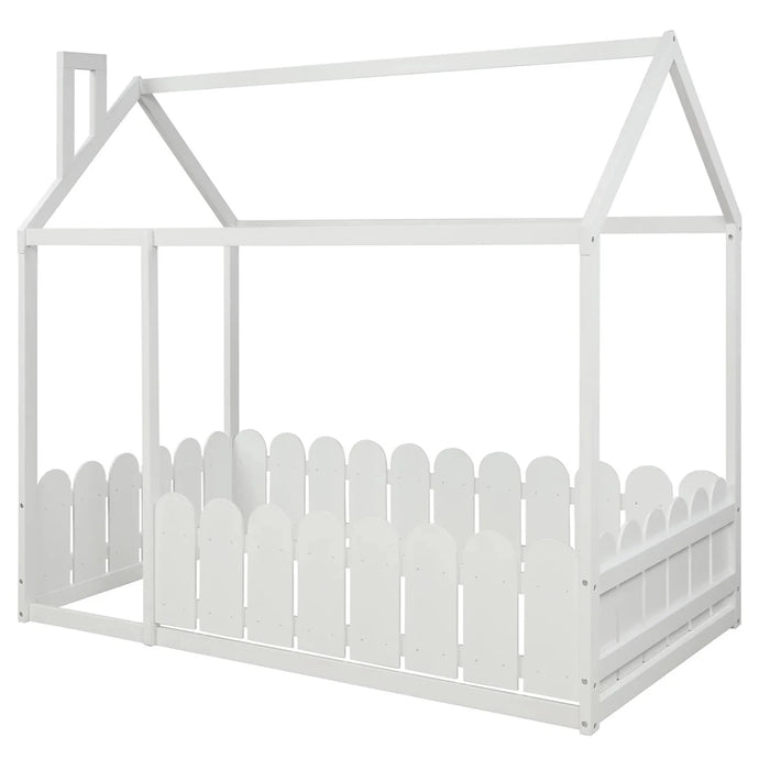 The white house bed frame is the perfect solution for a child's bedroom. Crafted from sturdy pine wood, it provides a secure and semi-enclosed space to play and sleep. The fence offers extra privacy and protection, allowing kids to enjoy the comfort of a safe and secure bed. The solid construction ensures long-lasting durability and stability.