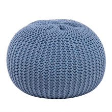 Load image into Gallery viewer, This hand-woven footstool offers an inviting place to sit and relax. It&#39;s crafted with 100% wool yarn, making it durable and comfortable. Its soft blue hue adds a splash of color to any room, while its light and airy design is perfect for kids.
