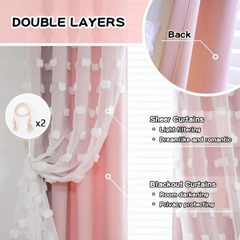 An elegant addition to any kids' bedroom or playroom, the Pink Pompom Double Layer Curtain is designed with unique, eye-catching pom poms that add a touch of sophistication. The double layer of sheer fabric and curtains provides a lightweight and airy atmosphere, perfect for softening the ambiance of any room in your home.