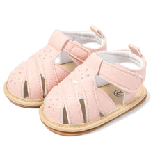 Load image into Gallery viewer, Treat your little one&#39;s feet in style with these fun and fashionable baby sandals in white! Perfect for newborns to 18 months, these pink sandals are available in a variety of colors, so you can pick the right one for any occasion. Style your baby&#39;s feet with flair! Upper Material: PU Leather. Outsole Material: Rubber. Feature: Anti-Slip. Closure Type: Hook &amp; Loop.
