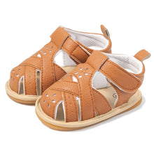 Load image into Gallery viewer, Treat your little one&#39;s feet in style with these fun and fashionable baby sandals in white! Perfect for newborns to 18 months, these brown sandals are available in a variety of colors, so you can pick the right one for any occasion. Style your baby&#39;s feet with flair! Upper Material: PU Leather. Outsole Material: Rubber. Feature: Anti-Slip. Closure Type: Hook &amp; Loop.
