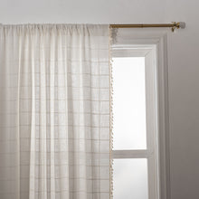 Load image into Gallery viewer, Transform any room in your home with this striped beige tassel curtain panel(1) in grey, pink, blue or taupe! Woven from linen, this one-of-a-kind curtain adds texture and depth with its stunning tassel pattern. Choose between a grommet, pull pleated or hook hanging application for easy setup. Experience its beauty and add a unique twist to your decor now! Machine washable.
