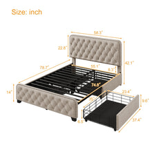 Load image into Gallery viewer, Elevate your kid&#39;s bedroom with the linen upholstered platform bed. Its taupe linen upholstery and tufted headboard and footboard bring a touch of sophistication and comfort to the room. Designed with quality and convenience in mind, this bed features 4 storage drawers for clutter-free bedrooms, and a heavy-duty metal frame with built-in slats for anti-sagging mattress support. Create a warm and inviting atmosphere with exceptional luxury and style.
