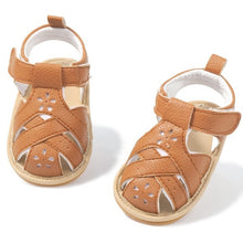 Load image into Gallery viewer, Treat your little one&#39;s feet in style with these fun and fashionable baby sandals in white! Perfect for newborns to 18 months, these brown sandals are available in a variety of colors, so you can pick the right one for any occasion. Style your baby&#39;s feet with flair! Upper Material: PU Leather. Outsole Material: Rubber. Feature: Anti-Slip. Closure Type: Hook &amp; Loop.
