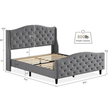 Load image into Gallery viewer, Experience captivating luxury with the velvet dark grey bed frame. The tall wingback headboard and matching deep button tufted footboard add a touch of striking elegance to your child or teen&#39;s bedroom. Meticulously handcrafted and upholstered in soft velvet fabric, this bed frame offers both plush comfort and exquisite details, including nailhead accents and button tufting. Perfect for adding both beauty and practicality to your bedroom.

