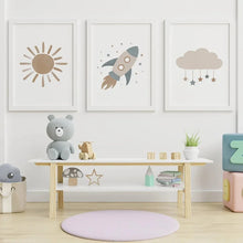 Load image into Gallery viewer, Bring a touch of magic to your child&#39;s room or play area with our enchanting canvas art featuring sun, moon, stars and rockets. Various sizes offered to suit your needs. Frame not included! Get ready to add some magic to your child&#39;s world (and yours!) with our celestial-themed canvas art. Choose from a variety of sizes to meet any decorating need. Frame not included.
