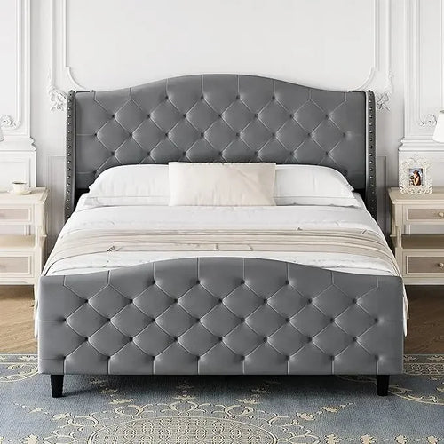 Experience captivating luxury with the velvet dark grey bed frame. The tall wingback headboard and matching deep button tufted footboard add a touch of striking elegance to your child or teen's bedroom. Meticulously handcrafted and upholstered in soft velvet fabric, this bed frame offers both plush comfort and exquisite details, including nailhead accents and button tufting. Perfect for adding both beauty and practicality to your bedroom.