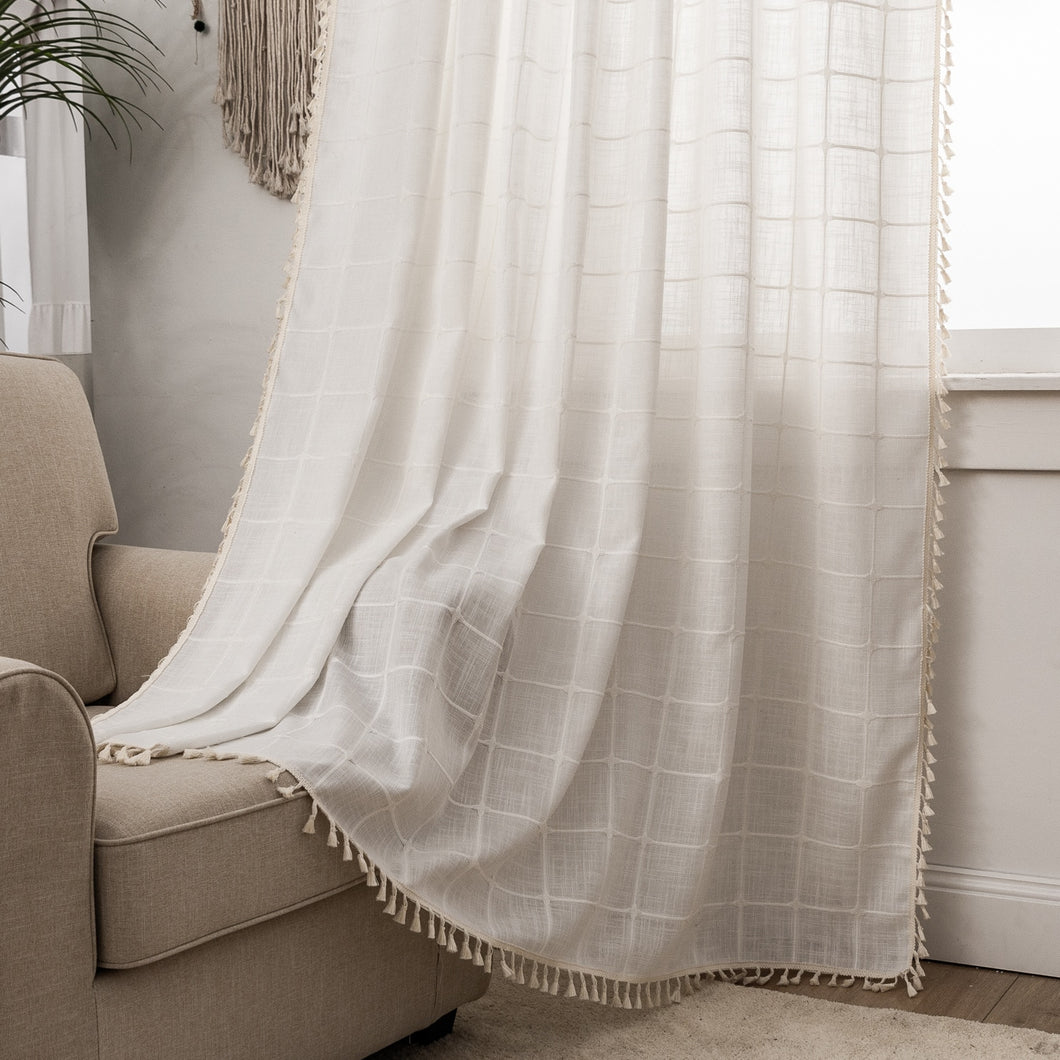 Transform any room in your home with this striped beige tassel curtain panel(1) in grey, pink, blue or taupe! Woven from linen, this one-of-a-kind curtain adds texture and depth with its stunning tassel pattern. Choose between a grommet, pull pleated or hook hanging application for easy setup. Experience its beauty and add a unique twist to your decor now! Machine washable.