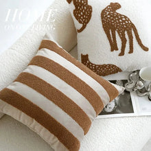 Load image into Gallery viewer, Transform your child&#39;s bedroom or playroom into a cozy and stylish sanctuary with our stunning brown and white striped embroidered pillow case! Let the warm earth tones and elegant stripes add a touch of luxury to their space, making it the perfect place to relax and play.
