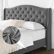 Load image into Gallery viewer, Experience captivating luxury with the velvet dark grey bed frame. The tall wingback headboard and matching deep button tufted footboard add a touch of striking elegance to your child or teen&#39;s bedroom. Meticulously handcrafted and upholstered in soft velvet fabric, this bed frame offers both plush comfort and exquisite details, including nailhead accents and button tufting. Perfect for adding both beauty and practicality to your bedroom.
