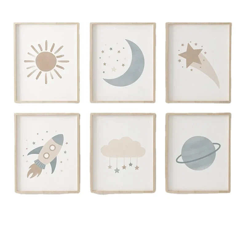 Bring a touch of magic to your child's room or play area with our enchanting canvas art featuring sun, moon, stars and rockets. Various sizes offered to suit your needs. Frame not included! Get ready to add some magic to your child's world (and yours!) with our celestial-themed canvas art. Choose from a variety of sizes to meet any decorating need. Frame not included.