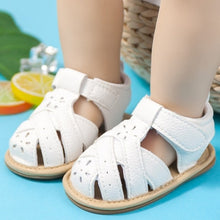 Load image into Gallery viewer, Treat your little one&#39;s feet in style with these fun and fashionable baby sandals in white! Perfect for newborns to 18 months, these sandals are available in a variety of colors, so you can pick the right one for any occasion. Style your baby&#39;s feet with flair! Upper Material: PU Leather. Outsole Material: Rubber. Feature: Anti-Slip. Closure Type: Hook &amp; Loop.
