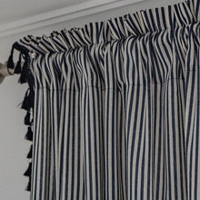 Load image into Gallery viewer, Transform your living space with this navy blue striped curtain panel! Its unique tassel pattern adds texture and depth, while the light-filtering yarn-dyed shading rate of 41% allows for a cozy light level. Available in multiple sizes and easy to install—let the fun begin! Machine washable for easy maintenance.
