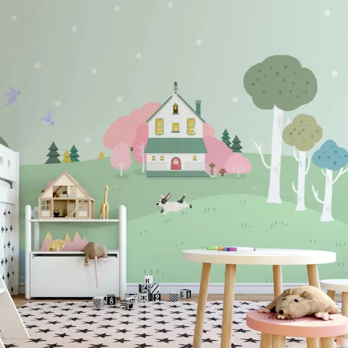 Decorate your teen's bedroom in style with this beautiful farmhouse mural. This mural is crafted with extra thick paint that won't suffer from static, water, mold, or fire damage. Its natural and formaldehyde-free design is not only safe but also environmentally friendly. Requires wallpaper glue-paste for installation (not included). Time to make your kid's room unique and inspiring. 