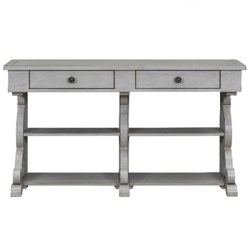 This exquisite grey French console table exudes light and airy charm. Combining fashion and practicality, our semi-open storage area offers the ultimate blend of both. It features two top drawers, two middle shelves, and two bottom shelves with a modern, open design, creating ample storage and display possibilities for any space. The ideal vanity or book display console for your child.