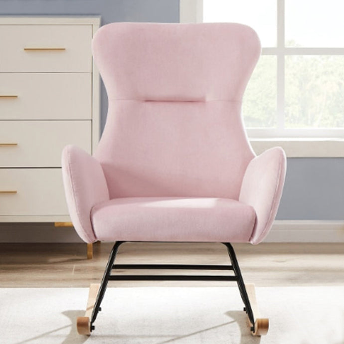 Experience gentle rocking while cuddled up in this cozy pink velvet rocking chair! Upholstered with soothing velvet fabric, it's the perfect addition for your little one's nursery - providing moments of relaxation and comfort. Dimensions: 25.9