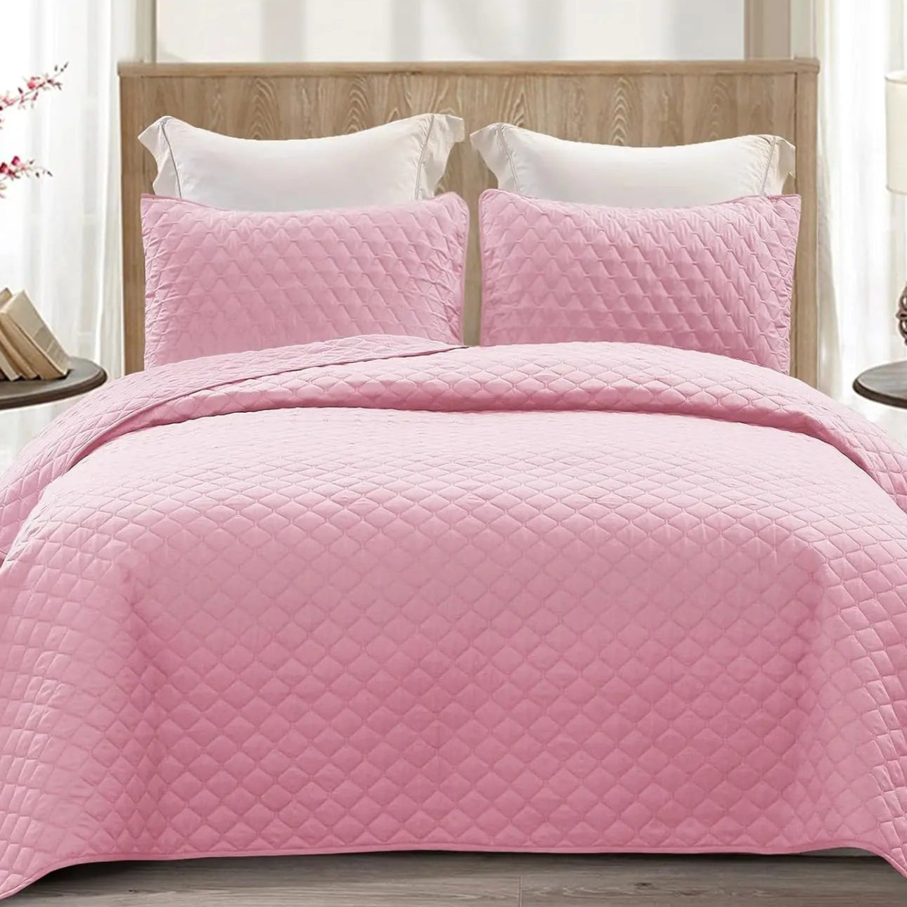 This multifaceted pink diamond quilted set is suitable for all seasons, even the warmer months. Whether utilized as a bedspread or coverlet, it's a great addition to a child's bedroom or a teenager's den.
