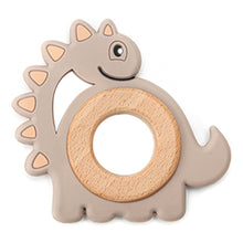 Load image into Gallery viewer, Dinosaur khaki silicone teether for your little baby or toddler. this teether is great for kids ages 6 months to 3 years. And don&#39;t forget it is a cute gift too!
