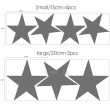 Load image into Gallery viewer, Cool star wall decals for your nursery or kid&#39;s bedroom. These stars come in grey, blue, pink, yellow, green, purple and green. Material: waterproof PVC. Easy to apply, remove, and reposition. View image with instructions on how to apply.

