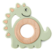 Load image into Gallery viewer, Dinosaur green silicone teether for your little baby or toddler. this teether is great for kids ages 6 months to 3 years. And don&#39;t forget it is a cute gift too!
