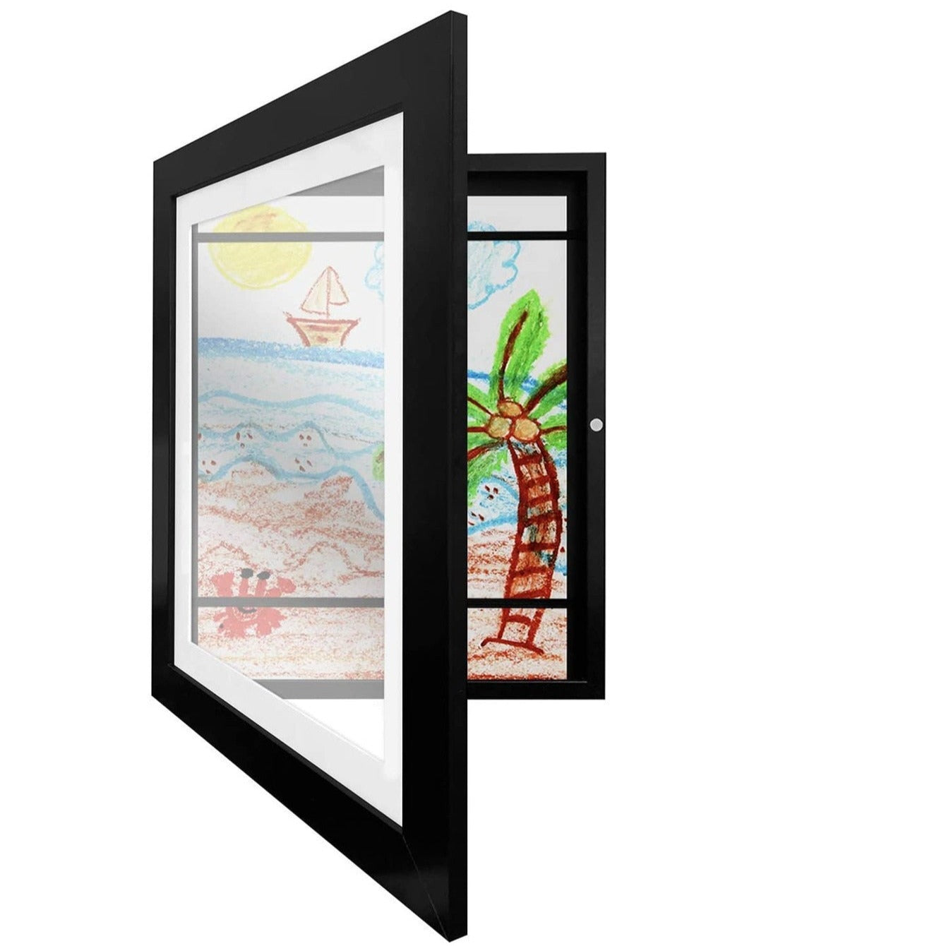 Changeable kids art frame in black for their drawings and paintings. This art frame provides the perfect display for A4 or smaller artworks and holds about 50 -150 pieces of art depending on paper thickness. These frames are made of a high-quality glossy acrylic and environmentally MDF material. You can hang them horizontal or vertical. Size: 12.59 x 9.44 x 1.14 inches thick (32cm x 24cm x 2.9cm)