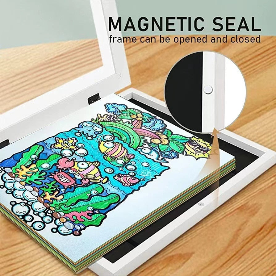 Changeable kids art frame for their drawings and paintings. This art frame provides the perfect display for A4 or smaller artworks and holds about 50 -150 pieces of art depending on paper thickness. These frames are made of a high-quality glossy acrylic and environmentally MDF material. You can hang them horizontal or vertical. Size: 12.59 x 9.44 x 1.14 inches thick (32cm x 24cm x 2.9cm)