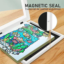 Load image into Gallery viewer, Changeable kids art frame for their drawings and paintings. This art frame provides the perfect display for A4 or smaller artworks and holds about 50 -150 pieces of art depending on paper thickness. These frames are made of a high-quality glossy acrylic and environmentally MDF material. You can hang them horizontal or vertical. Size: 12.59 x 9.44 x 1.14 inches thick (32cm x 24cm x 2.9cm) 
