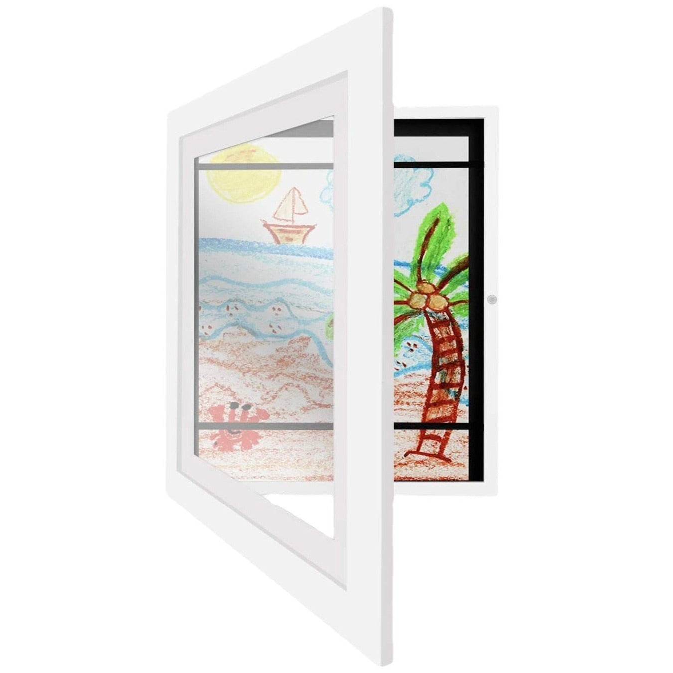 Changeable kids art frame in white for their drawings and paintings. This art frame provides the perfect display for A4 or smaller artworks and holds about 50 -150 pieces of art depending on paper thickness. These frames are made of a high-quality glossy acrylic and environmentally MDF material. You can hang them horizontal or vertical. Size: 12.59 x 9.44 x 1.14 inches thick (32cm x 24cm x 2.9cm)