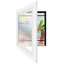Load image into Gallery viewer, Changeable kids art frame in white  for their drawings and paintings. This art frame provides the perfect display for A4 or smaller artworks and holds about 50 -150 pieces of art depending on paper thickness. These frames are made of a high-quality glossy acrylic and environmentally MDF material. You can hang them horizontal or vertical. Size: 12.59 x 9.44 x 1.14 inches thick (32cm x 24cm x 2.9cm) 
