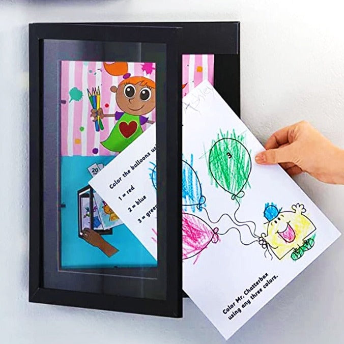 Changeable kids art frame in black for their drawings and paintings. This art frame provides the perfect display for A4 or smaller artworks and holds about 50 -150 pieces of art depending on paper thickness. These frames are made of a high-quality glossy acrylic and environmentally MDF material. You can hang them horizontal or vertical. Size: 12.59 x 9.44 x 1.14 inches thick (32cm x 24cm x 2.9cm)