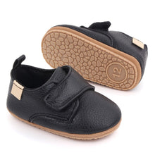 Load image into Gallery viewer, Little walker baby shoes in black for your newborn to 18-month-old. these leather shoes come in black, brown, blue, beige and white.  Material: leather Outsole Material: Rubber Feature: Anti-Slip, Flat, Breathable, Light Weight Fashion Element: Butterfly-knot Closure Type: Hook &amp; Loop
