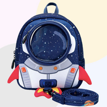 Load image into Gallery viewer, Perfect blue backpack for your space and rockets loving kid. This backpack is great for kids ages 2 to 7 years and comes small or large. 
