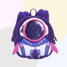 Load image into Gallery viewer, Perfect small purple backpack for your space and rockets loving kid. This backpack is great for kids ages 2 to 7 years and comes small or large.
