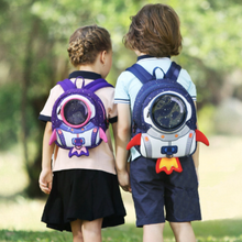 Load image into Gallery viewer, Perfect blue backpack for your space and rockets loving kid. This backpack is great for kids ages 2 to 7 years and comes small or large.
