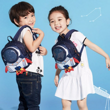 Load image into Gallery viewer, Perfect blue backpack for your space and rockets loving kid. This backpack is great for kids ages 2 to 7 years and comes small or large.
