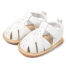 Load image into Gallery viewer, Treat your little one&#39;s feet in style with these fun and fashionable baby sandals in white! Perfect for newborns to 18 months, these sandals are available in a variety of colors, so you can pick the right one for any occasion. Style your baby&#39;s feet with flair! Upper Material: PU Leather. Outsole Material: Rubber. Feature: Anti-Slip. Closure Type: Hook &amp; Loop. 
