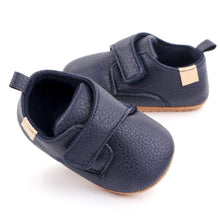 Load image into Gallery viewer, Little walker baby shoes in blue for your newborn to 18-month-old. these leather shoes come in black, brown, blue, beige and white.  Material: leather Outsole Material: Rubber Feature: Anti-Slip, Flat, Breathable, Light Weight Fashion Element: Butterfly-knot Closure Type: Hook &amp; Loop
