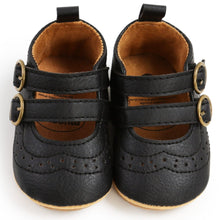 Load image into Gallery viewer, These black leather shoes are perfect for your first time crawler and walker. These soft sole shoes are for baby girls ages 0 to 18 months old girl. Free shipping.
