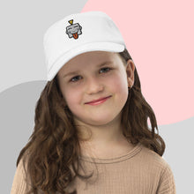 Load image into Gallery viewer, Protect your little one from the sun in style with this 100% white cotton Livieboo kids cap. It has a size adjuster and a button to secure the cap, so it’ll fit them just right! Head circumference: 19″–23″ (48.3 cm–58.4 cm) 

