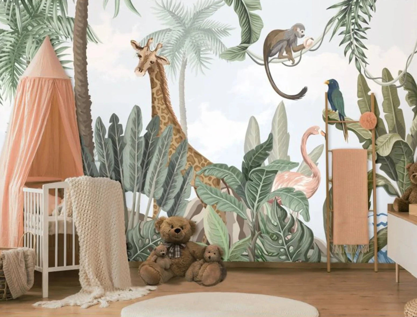 Unleash your child's wild side with this jungle-inspired wall decal! Made from wood fiber wallpaper, it's moisture-proof, mildew resistant, and even fireproof. Plus, it's sound-absorbing and environmentally friendly, free of formaldehyde. Tools and wallpaper paste not included.