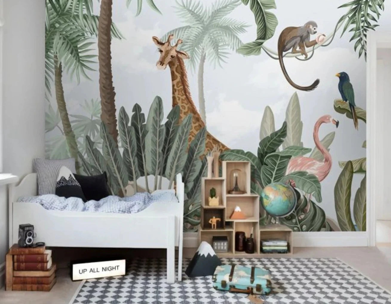 Unleash your child's wild side with this jungle-inspired wall decal! Made from wood fiber wallpaper, it's moisture-proof, mildew resistant, and even fireproof. Plus, it's sound-absorbing and environmentally friendly, free of formaldehyde. Tools and wallpaper paste not included.