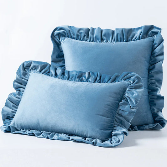 Elevate the aesthetic of your child's bedroom or playroom with a refreshing and trendy touch using this ruffle-adorned throw pillow cover in a charming baby blue hue. Made with plush velvet, this décor item provides opulent comfort and impeccable style. Give your space a cozy yet chic makeover with this exceptional accent.