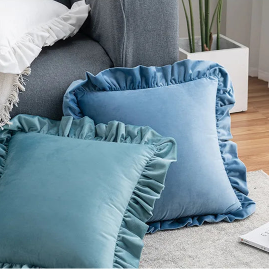 Elevate the aesthetic of your child's bedroom or playroom with a refreshing and trendy touch using this ruffle-adorned throw pillow cover in a charming baby blue hue. Made with plush velvet, this décor item provides opulent comfort and impeccable style. Give your space a cozy yet chic makeover with this exceptional accent.