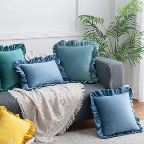 Elevate the aesthetic of your child's bedroom or playroom with a refreshing and trendy touch using this ruffle-adorned throw pillow cover in a charming baby blue hue. Made with plush velvet, this décor item provides opulent comfort and impeccable style. Give your space a cozy yet chic makeover with this exceptional accent.