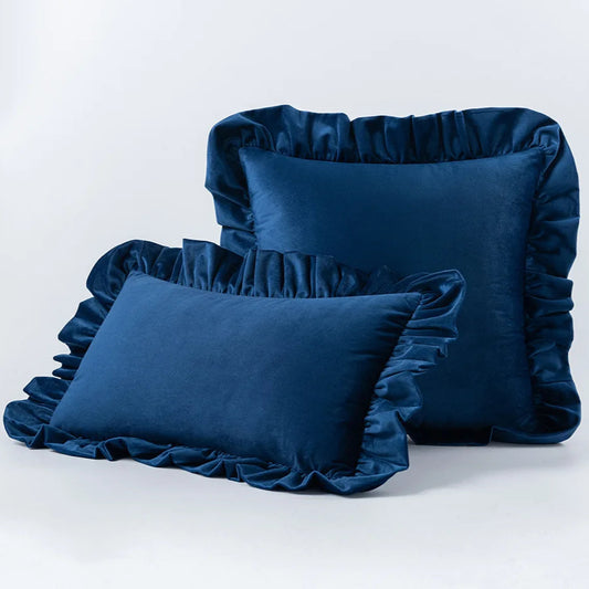 Elevate the look of your child's bedroom or playroom with this distinctive dark blue ruffled throw pillow cover. Made from plush velvet, this decorative item provides lavish comfort and adds a trendy touch to any space. Enhance your decor with this exceptional accent piece.