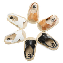 Load image into Gallery viewer, A perfect fit for your little one&#39;s feet, our Malta Sandals come in white, brown, pink and black and fit babies and tots from newborn to 18 months. Comfortable and stylish, they&#39;ll be walking in style. Upper Material: PU Leather. Outsole Material: Rubber and Cotton. Heel Type: Flat.
